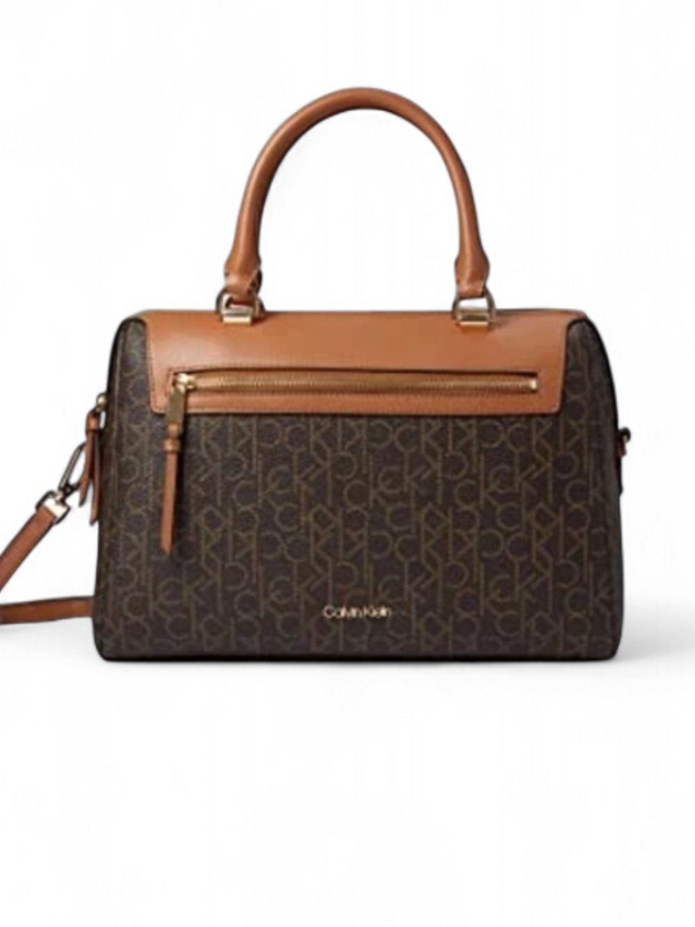 Calvin Klein Brown Monogram Satchel with Tan Handles